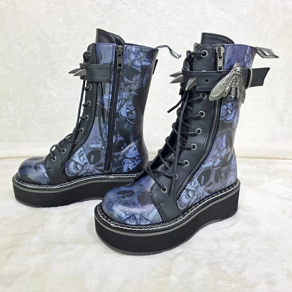 NIB NEW DEMONIA Emily Death Moth Skull Graphic Platform Goth Punk Mid Calf Boots - Picture 4 of 16